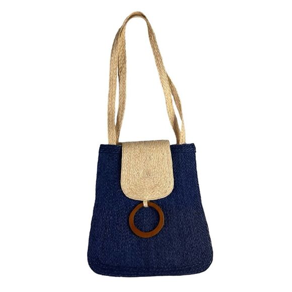Large Blue Tan Straw Purse Beach Bag Wood Accent Boho Coastal - Picture 1 of 10
